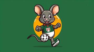 een schattig muis sport- mascotte vlak illustratie vervelend een voetbal uniform en spelen voetbal generatief ai foto