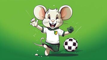 een schattig muis sport- mascotte vlak illustratie vervelend een voetbal uniform en spelen voetbal generatief ai foto