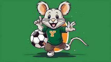 een schattig muis sport- mascotte vlak illustratie vervelend een voetbal uniform en spelen voetbal generatief ai foto