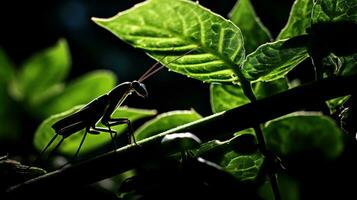 dichtbij omhoog silhouet van een bidsprinkhaan insect tegen een groen blad met achtergrondverlichting foto