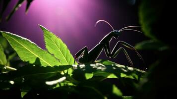 dichtbij omhoog silhouet van een bidsprinkhaan insect tegen een groen blad met achtergrondverlichting foto