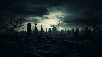 griezelig begraafplaats Bij nacht met achtervolgd atmosfeer oproepen tot gevoelens van droefheid dood en verschrikking. silhouet concept foto