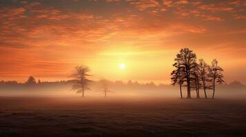 zonsopkomst bovenstaand nevelig veld- met boom contouren. silhouet concept foto