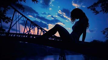 meisje houdende Aan brug s silhouet foto