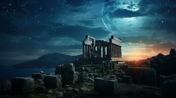Poseidon s tempel onder een nacht lucht gevulde met sterren. silhouet concept foto