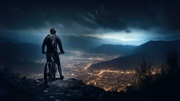 een fietser door de stad lichten boven een berg. silhouet concept foto