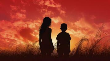 twee kinderen contouren in voorkant van rood lucht en gras. silhouet concept foto