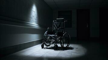 afbeeldingen van een onbezet rolstoel in een leeg ziekenhuis gang symbolisch van ziekte of isolatie. silhouet concept foto