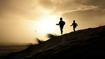 twee jongens sprinten Aan zand duinen in de buurt de oceaan Bij schemer met een sepia afgezwakt zwart en wit effect. silhouet concept foto