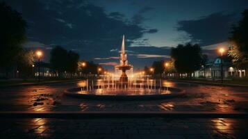 avond stad van sovetsk in Kaliningrad regio met een nieuw verlichte fontein gezien van onderstaand. silhouet concept foto