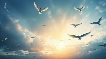 groep van wit vogelstand vliegend in de lucht. silhouet concept foto