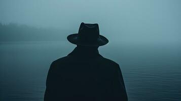 Mens in hoed in de regen aan het kijken mist nadering van de zee noir gevoel. silhouet concept foto