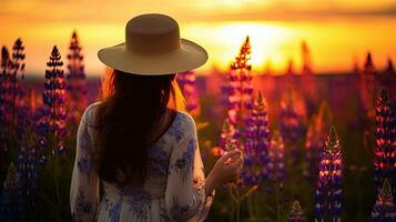 een meisje in een licht jurk en hoed wandelingen in een bloem veld- gevulde met kleurrijk lupines gedurende een zonnig zomer avond belichamen vrede en ontspanning van elke dag tr. silhouet concept foto