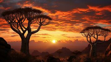 zonsopkomst in Namibië zuidelijk Afrika met Pijlkoker bomen silhouet Bij dageraad wolken foto