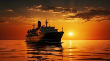 schip silhouet Bij zonsopkomst over- gouden zee foto