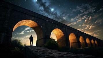 een persoon s schets Aan een oude brug tegen een sterrenhemel lucht en melkachtig manier. silhouet concept foto