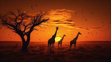 giraffe vormen en een dood boom in voorkant van een zonsondergang. silhouet concept foto