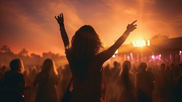 twee meisjes hebben pret dansen Bij een zomer muziek- festival met een juichen menigte. silhouet concept foto