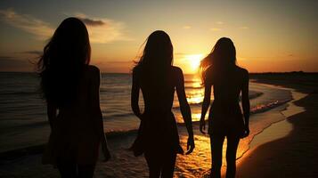 meisjes Aan strand Bij zonsondergang geschetst. silhouet concept foto
