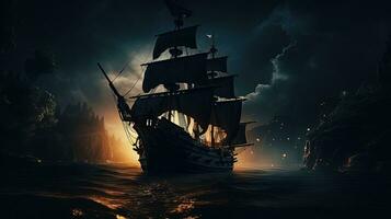 silhouet van piraat schip Bij nacht met mysterieus zee licht foto