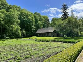 oud dorp huis en groente tuin in Vilnius Universiteit botanisch tuin foto