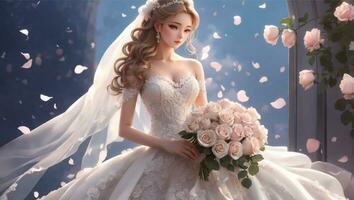 verbijsterend bruid poses in een verfraaid, kant kralen bruiloft jurk foto