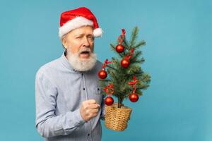 portret van gelukkig emoties de kerstman claus opgewonden op zoek Bij camera en houdt klein Kerstmis boom Aan blauw achtergrond met kopiëren ruimte foto