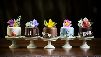 miniatuur chocola taarten, versierd met eetbaar bloemen. generatief ai foto