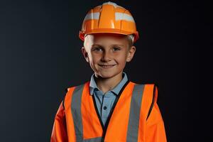 portret van een schattig weinig jongen in een bouw helm ai gegenereerd foto