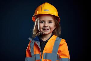 portret van een glimlachen weinig meisje in een bouw helm ai gegenereerd foto