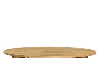 houten tafel bovenkant, avondeten tafel oppervlakte geïsoleerd over- wit achtergrond foto. natuurlijk hout meubilair dichtbij visie foto