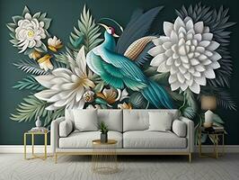 3d modern interieur muur kunst decor met wit, donker groente, en gouden tropisch palm blad takken en bloemen met veren Pauw vogel illustratie achtergrond generatief ai foto