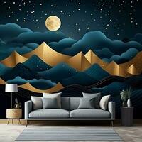 3d abstractie modern muur kunst nacht landschap met donker blauw en gouden turkoois bergen zwart achtergrond met maan en gouden bomen generatief ai foto