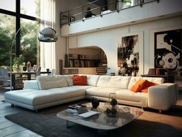 modern leven kamer met sofa generatief ai foto