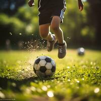 kind spelen Amerikaans voetbal Aan de veld. weinig jongen schoppen een voetbal bal. foto