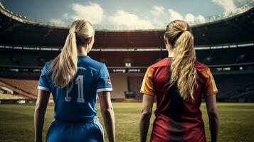 achterzijde visie van twee vrouw voetbal spelers staand in stadion foto