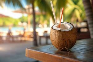 vrij foto kokosnoot cocktail met drinken rietje Aan een palm boom in de strand fotografie ai genereren