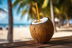 vrij foto kokosnoot cocktail met drinken rietje Aan een palm boom in de strand fotografie ai genereren