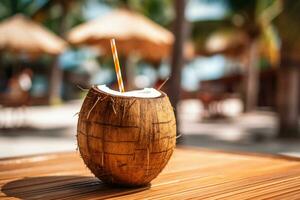 vrij foto kokosnoot cocktail met drinken rietje Aan een palm boom in de strand fotografie ai genereren