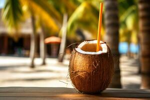 vrij foto kokosnoot cocktail met drinken rietje Aan een palm boom in de strand fotografie ai genereren