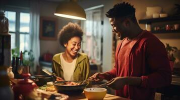 zwart Mens en Chinese vrouw Koken ontbijt samen. foto