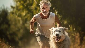 een Mens jogging met zijn hond foto