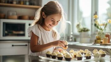 een mooi meisje van 10 jaren oud bakt cupcakes met haar moeder in een keuken. foto