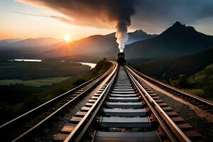 ai generatief, stam locomotief trein met mooi panorama foto