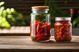 Chili in een glas pot Bij houten tafel, generatief ai foto