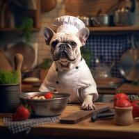 grappig beeld van een Frans bulldog in een chef kostuum, presentatie van culinaire humor in de keuken instelling. kopiëren ruimte perfect voor voedselgerelateerd projecten en entertainment-thema ontwerpen, ai generatief foto