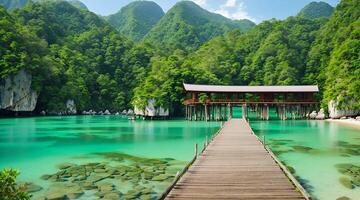 onderdompelen jezelf in de kalmte van koh nangyuan eiland in surat dan ik, Thailand, door een boeiend fotograaf van een houten brug ai generatief foto