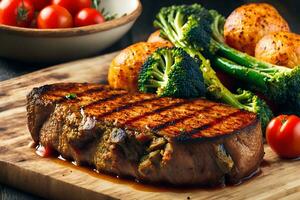 gegrild rundvlees steak met levendig groente medley onderdompelen jezelf in een smaakvol fusie van smaakt generatief foto