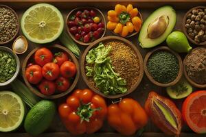 kleurrijk voeding van een boeiend beeld presentatie van een verschillend selectie van gezond voedingsmiddelen ai generatief foto