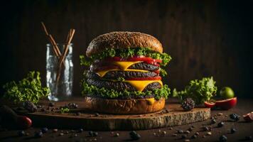 nemen een detailopname schot van een sappig hamburger Aan een houten tafel, met een film stijl kijken dat geeft de beeld een wijnoogst uitstraling. ai generatief foto